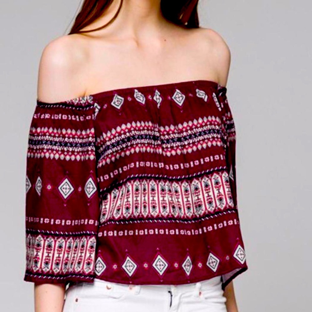 EUC Honey Punch Off The Shoulder Maroon and White Tribal Top